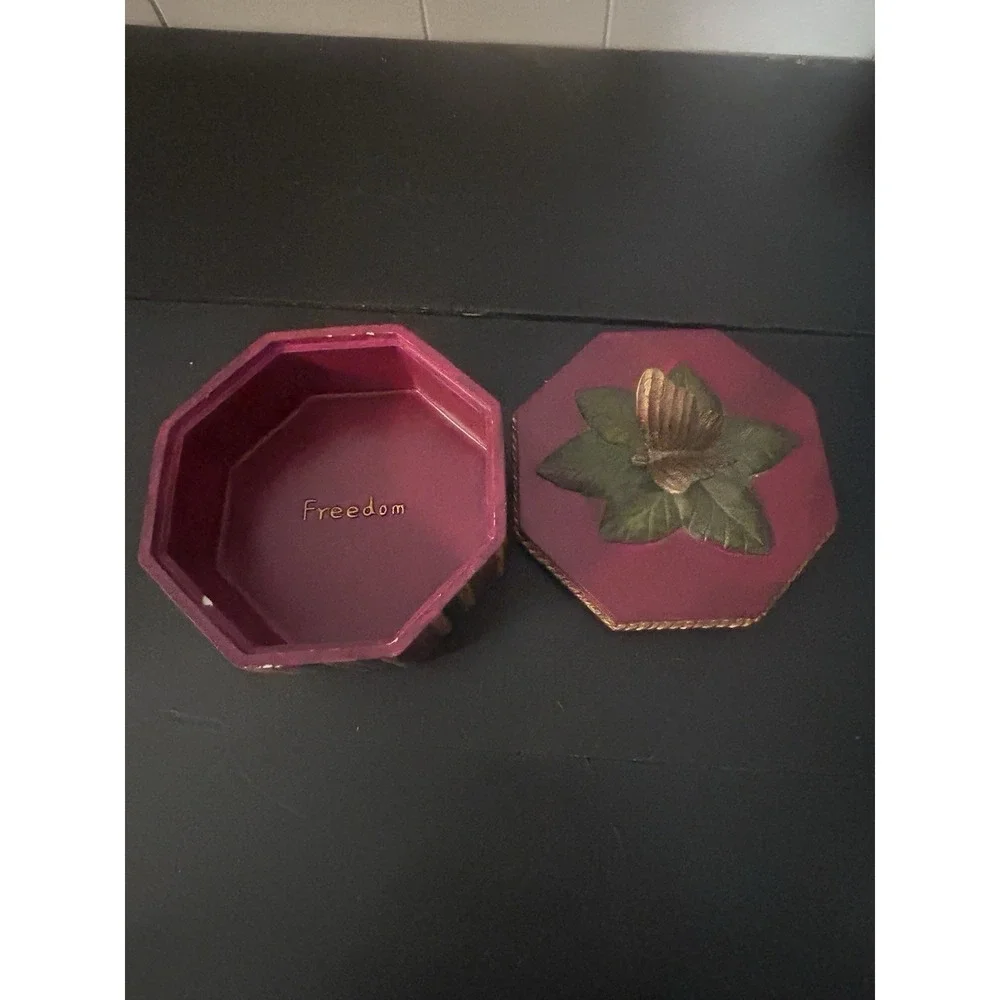 Decorative Hand Painted Butterfly Trinket Box Red Multicolor Striped Gold Trim